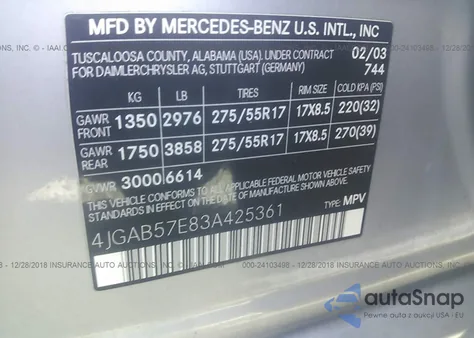 2003 Mercedes-Benz Ml 350 z USA, uszkodzony, nr VIN 4JGAB57E83A425361